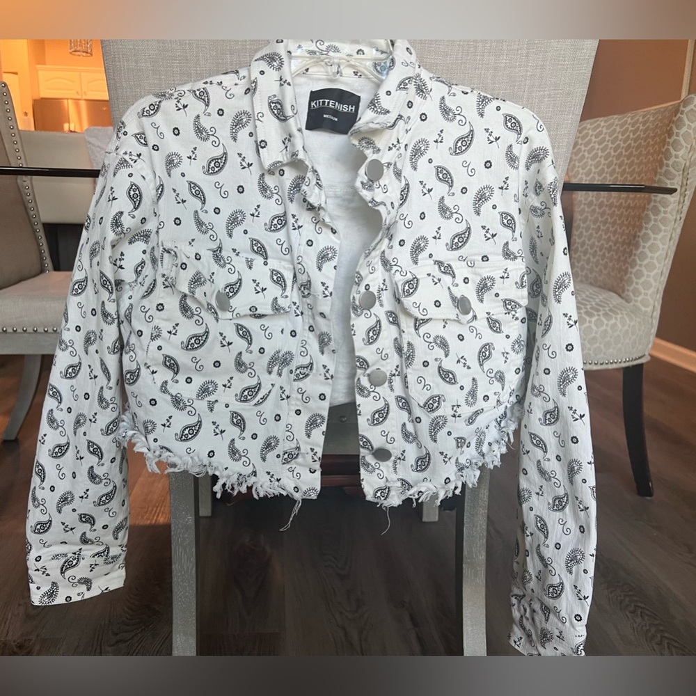 Kittenish Jesse James Decker Cropped Paisley Jean Jacket.
